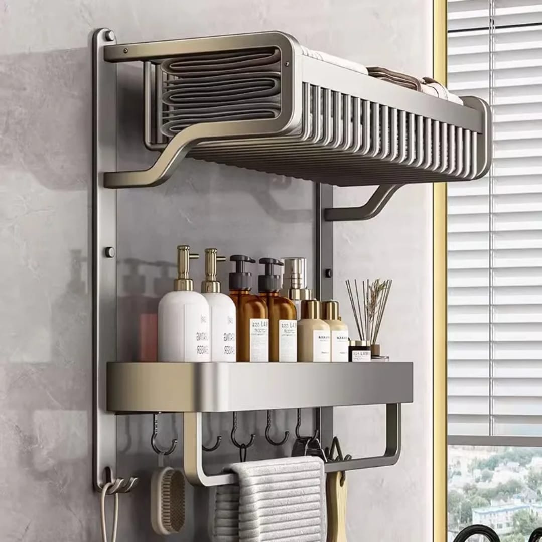 1 Piece 2-Layer Bathroom Space Towel Rack With Shampoo Bottle And Mouthwash Cup