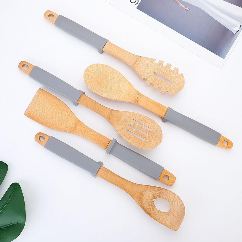 6 pcs wooden serving spoon set with silicone handle