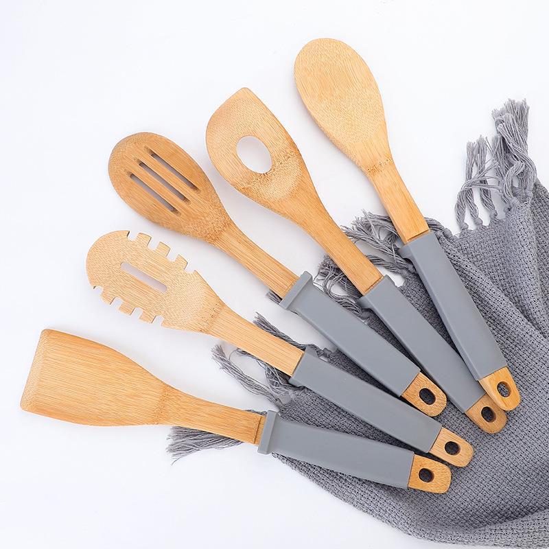 6 pcs wooden serving spoon set with silicone handle