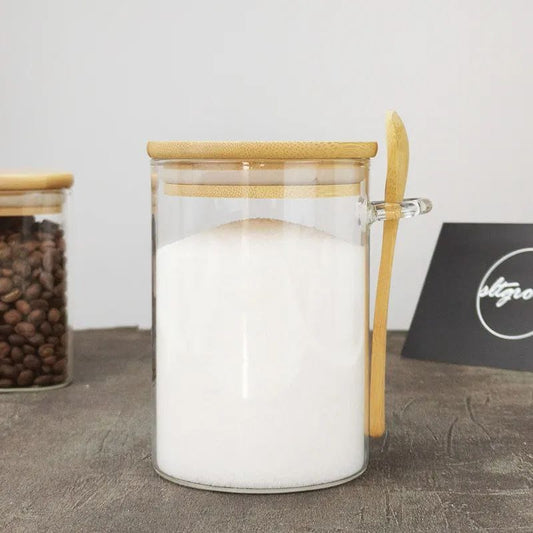 Glass Storage jar with spoon and bamboo lid