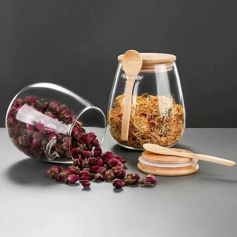 Round Glass Storage jar with spoon and bamboo lid