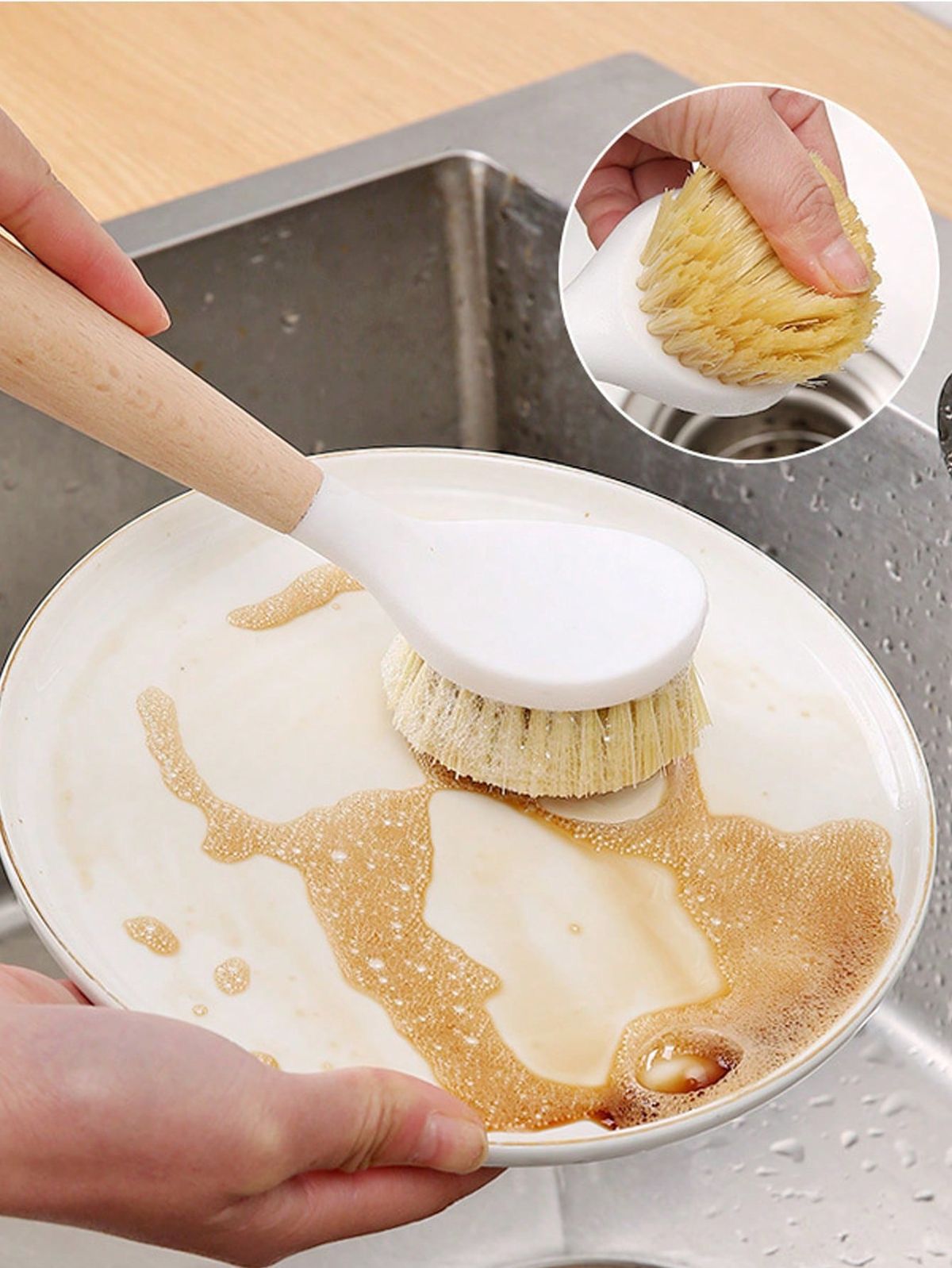 Hard bristle Pot/pan cleaning brush with wooden handle