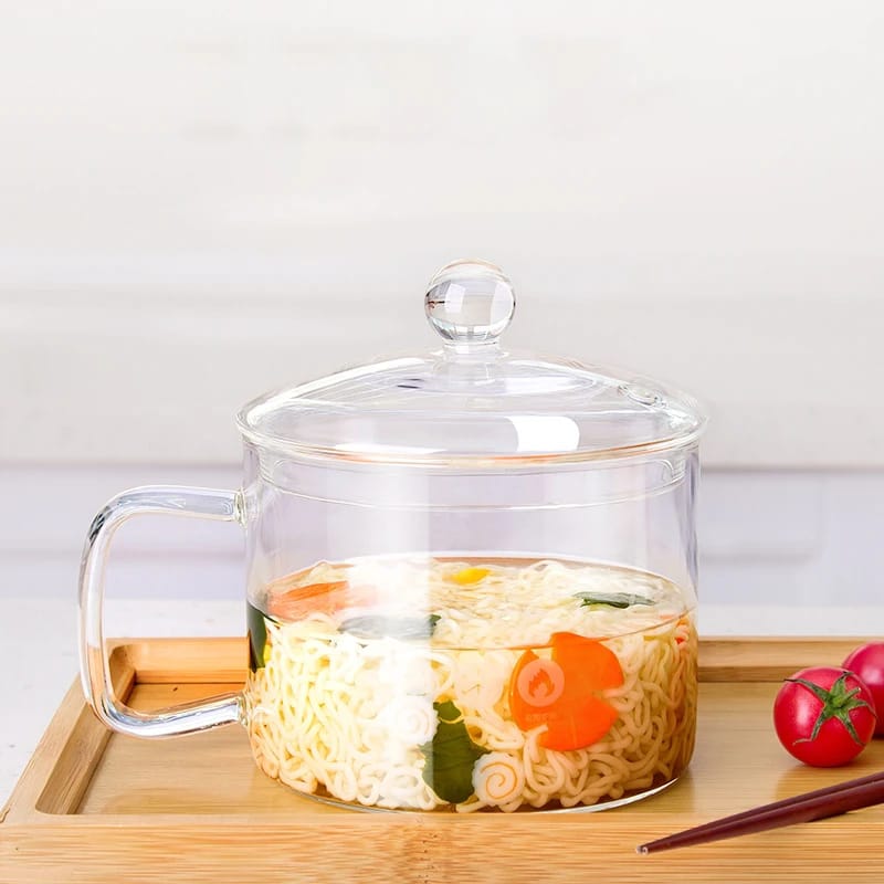 Glass heat resistant cooking pot with handle