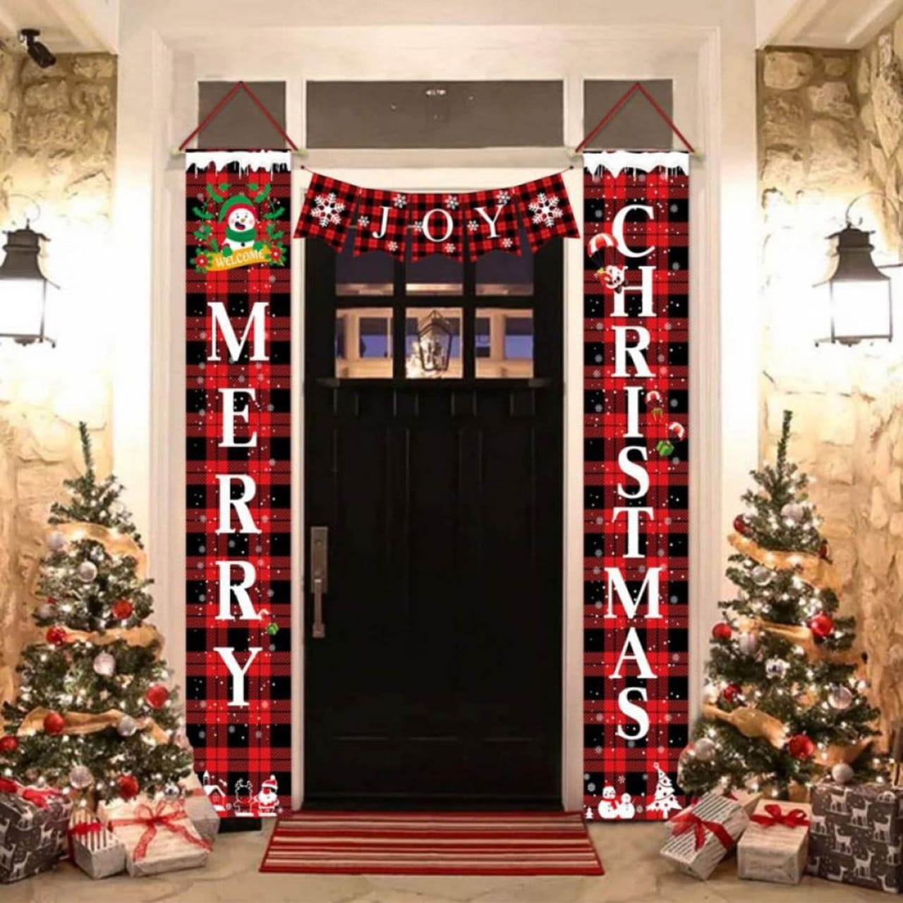 Merry Christmas Porch Sign Joy Christmas Banners Red Black Buffalo Plaid Porch Sign