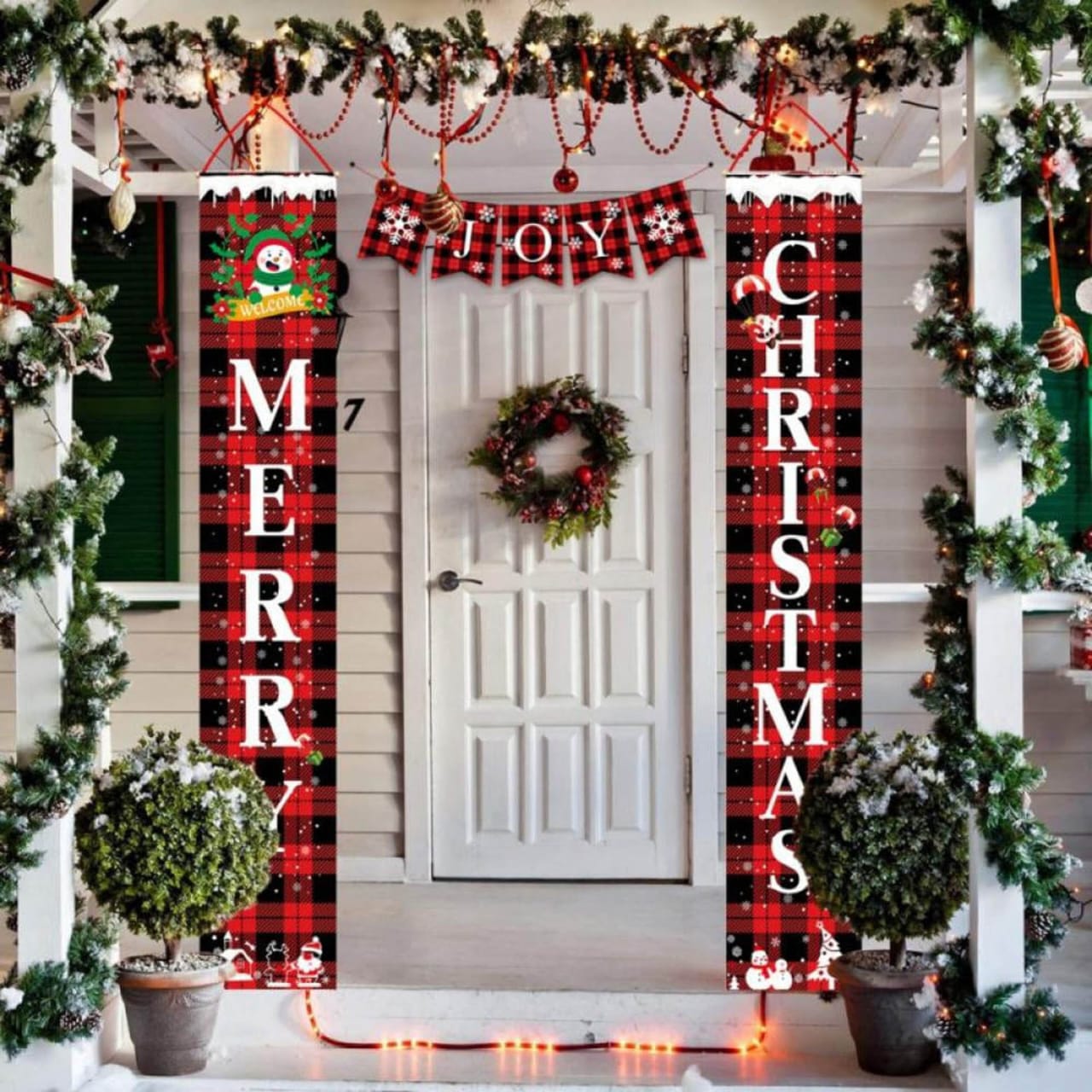 Merry Christmas Porch Sign Joy Christmas Banners Red Black Buffalo Plaid Porch Sign