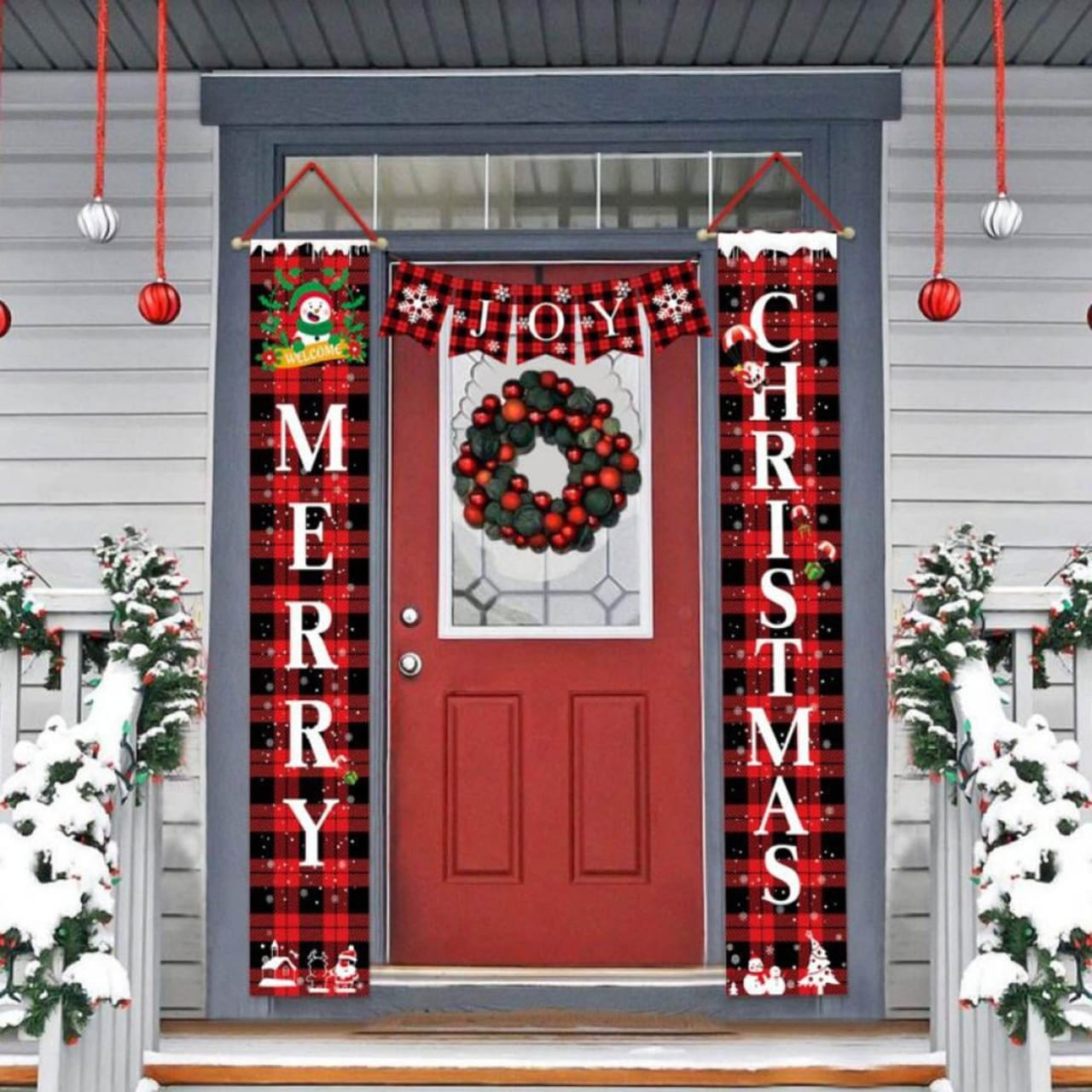 Merry Christmas Porch Sign Joy Christmas Banners Red Black Buffalo Plaid Porch Sign