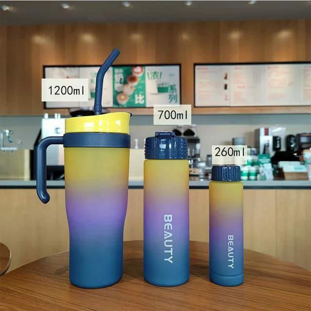 Gradient color frosted 3pcs water bottle with straw