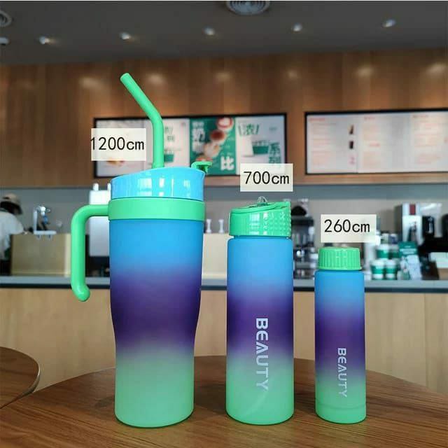 Gradient color frosted 3pcs water bottle with straw