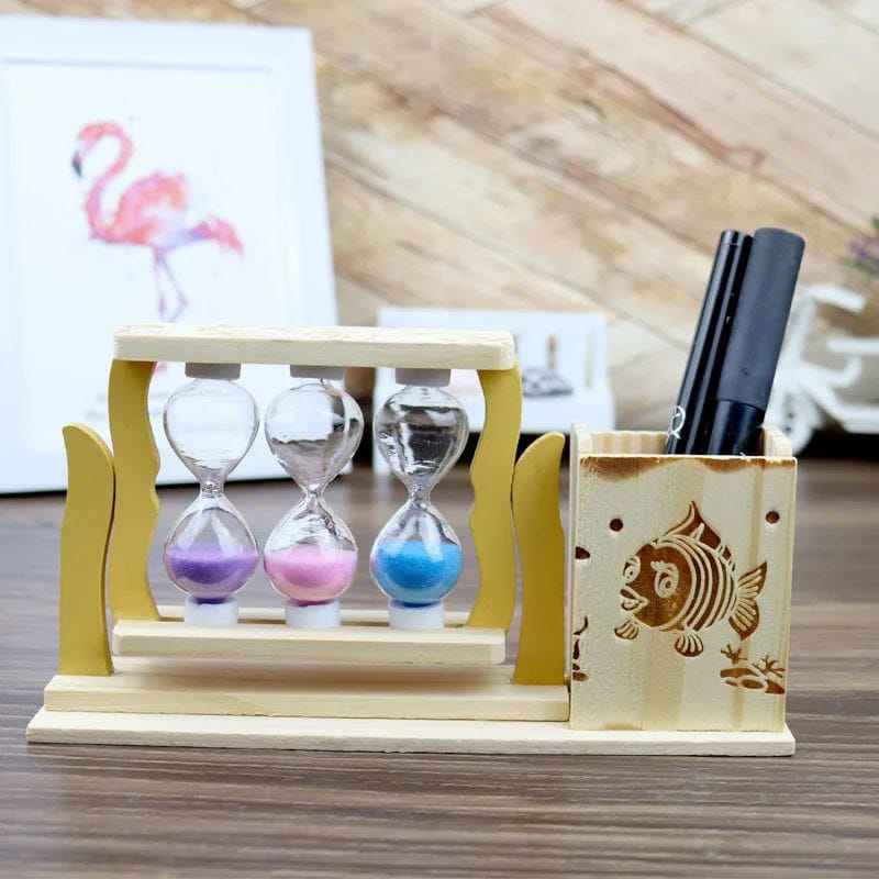 Handicraft wooden pen stand with hour glass