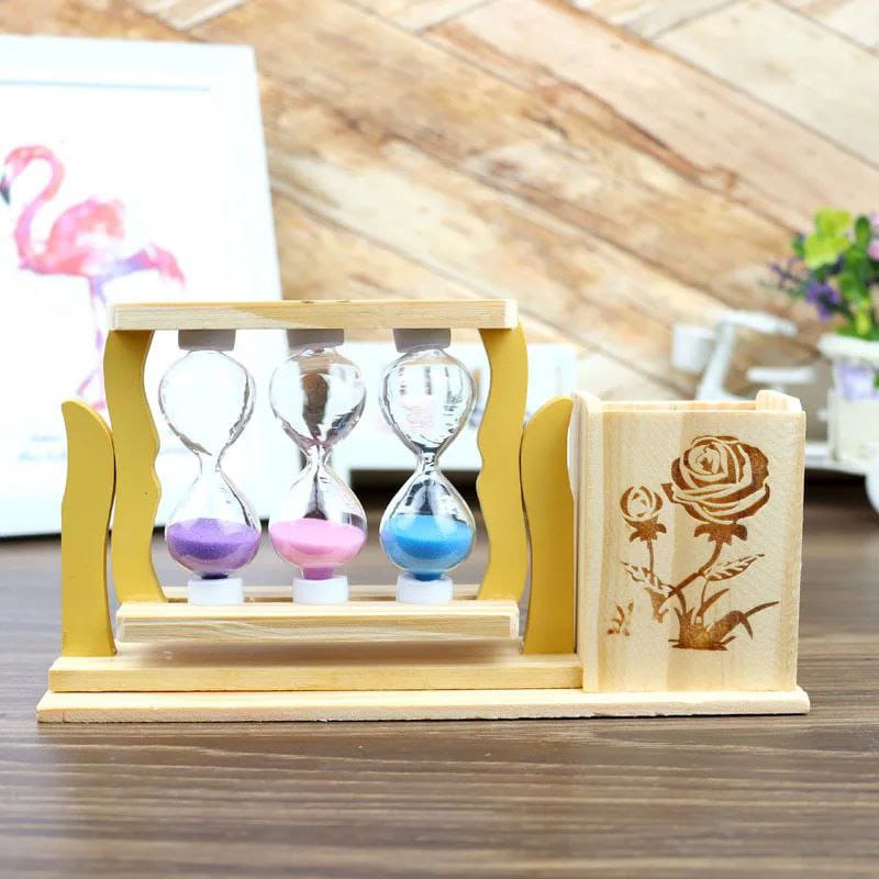 Handicraft wooden pen stand with hour glass