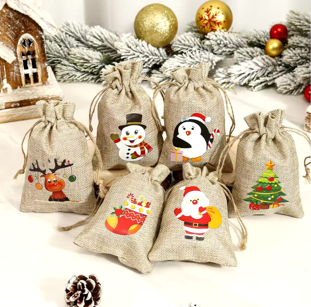 Jute Linen Drawstring Christmas Gift Bags