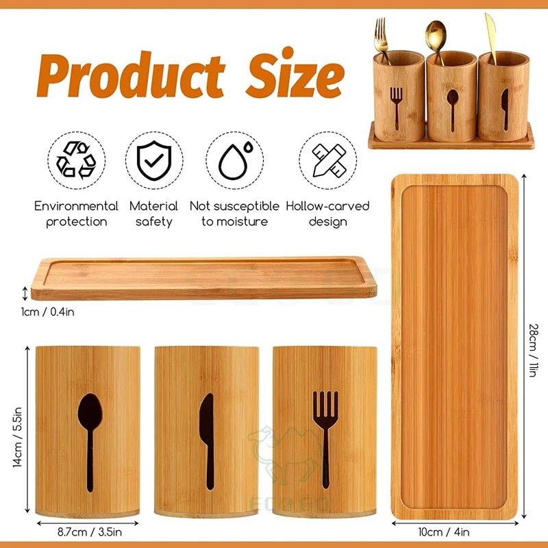 Eco-friendly 4in 1 bamboo cutlery holder inclusive of a bamboo base