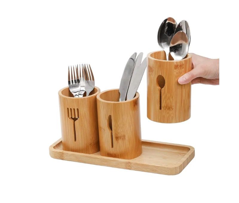 Eco-friendly 4in 1 bamboo cutlery holder inclusive of a bamboo base