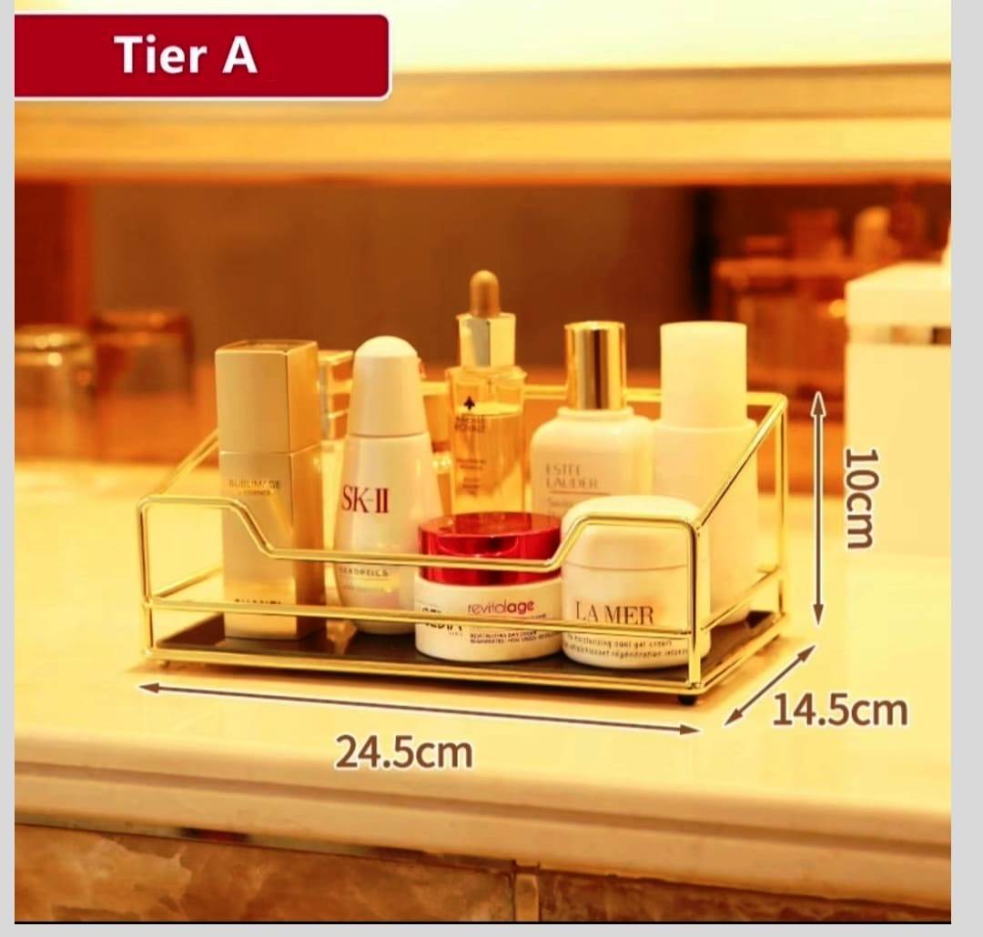 Multipurpose Acrylic Gold-Plated Two-Tier Organizer | Vanity, Kitchen & Bathroom