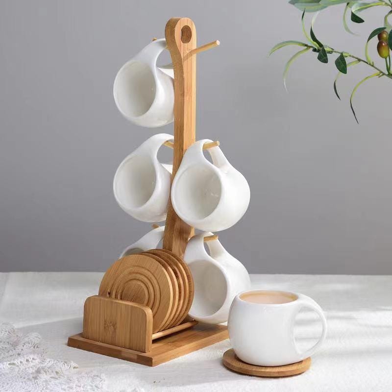 Fashion ceramic 6 cups (200ml) with wooden bamboo stand and 6 bamboo coasters