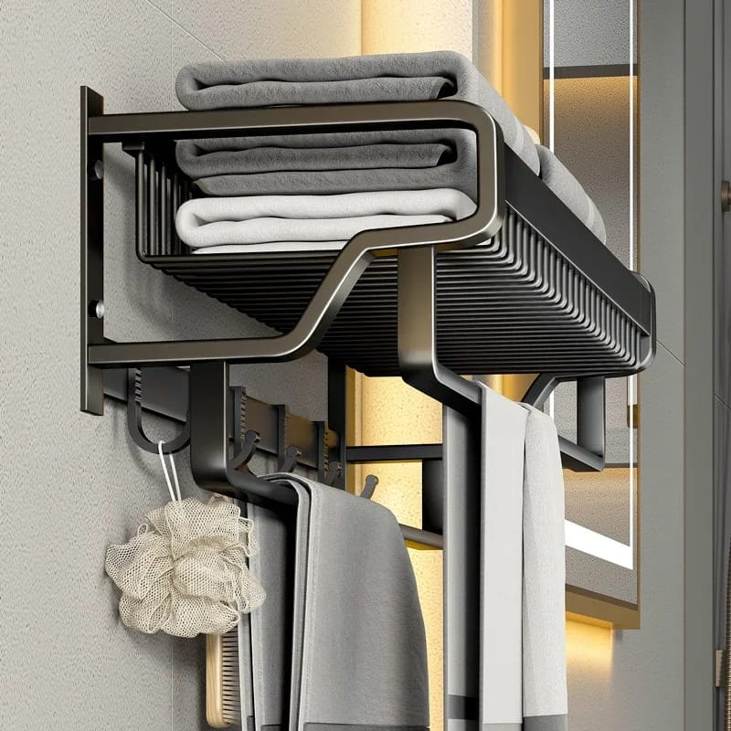 Bathroom wall mounted towel rack accessory with hooks