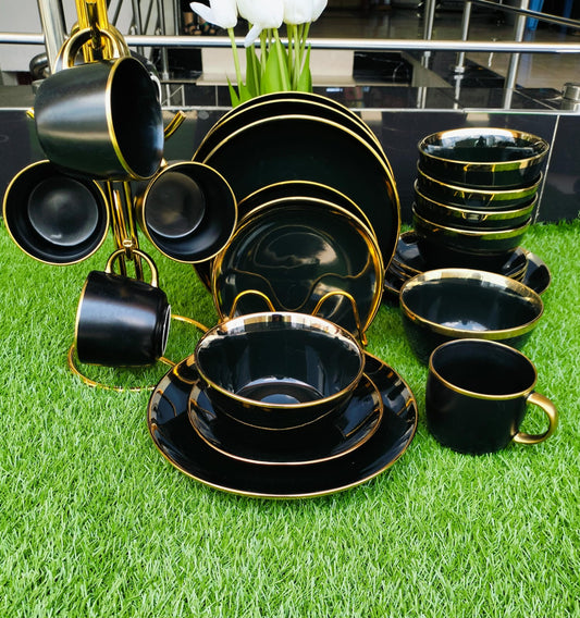 24pcs black dinner set with gold rim