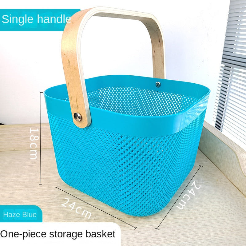 Portable storage basket with mesh & wooden handle