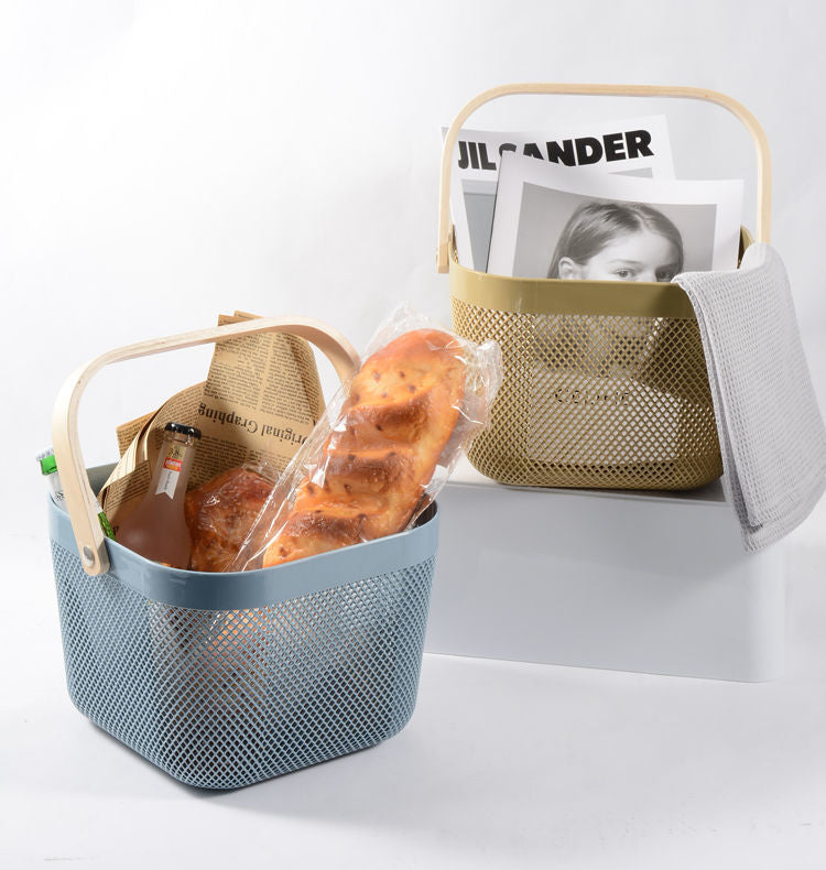 Portable storage basket with mesh & wooden handle