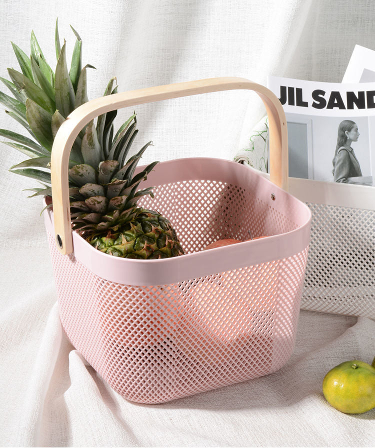 Portable storage basket with mesh & wooden handle