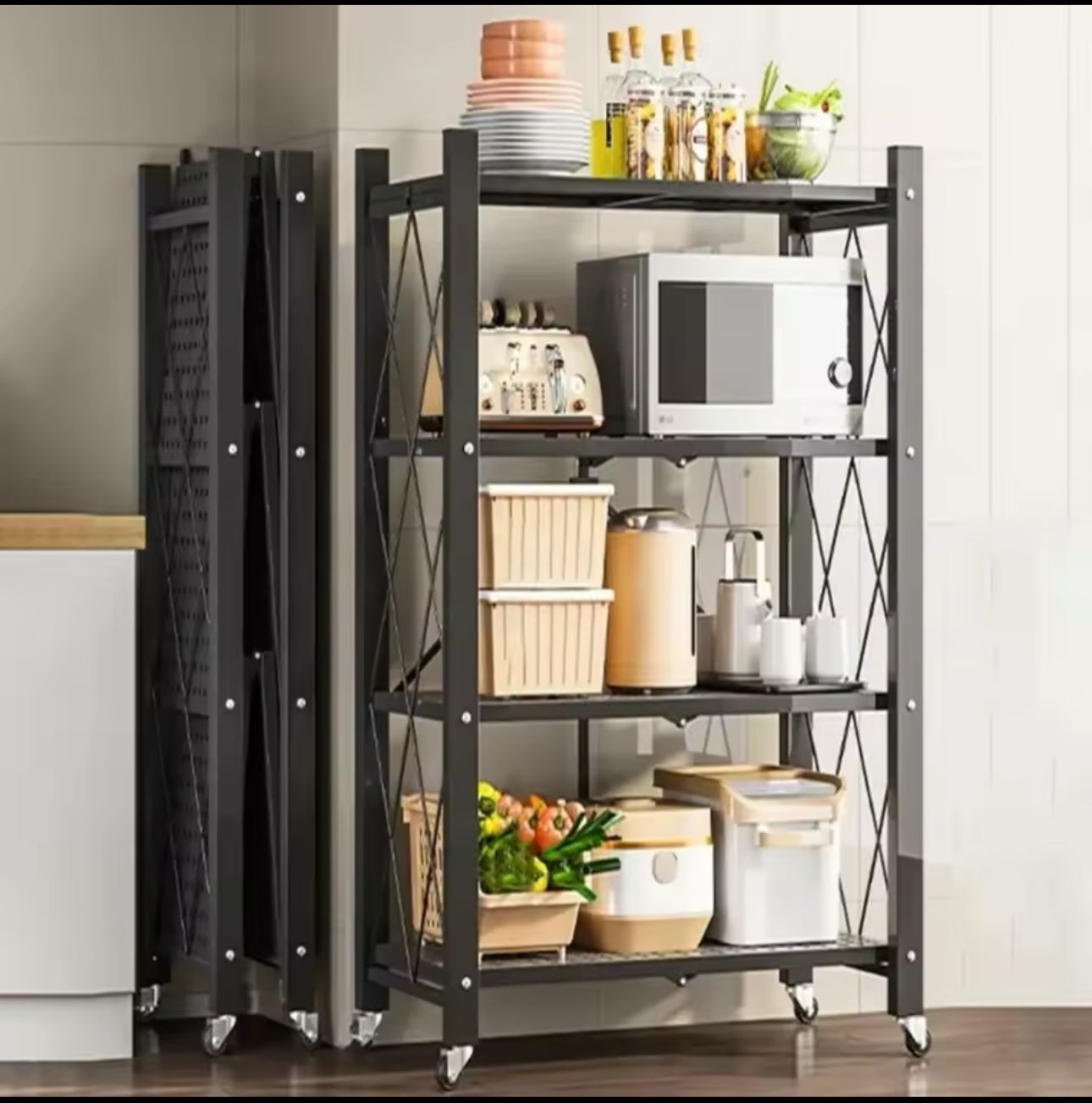 4-Tier Foldable Multipurpose Rack With Shelves & Wheels