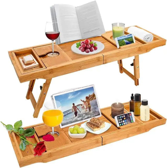 Expandable Bamboo Bathtub Caddy Tray / Breakfast Bed Table with Stands