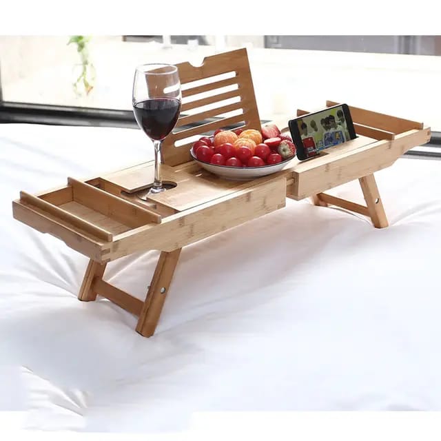 Expandable Bamboo Bathtub Caddy Tray / Breakfast Bed Table with Stands