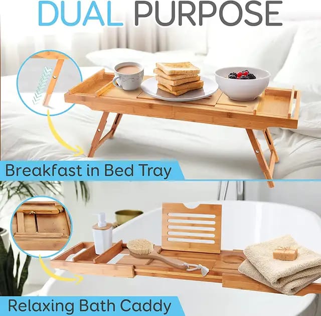 Expandable Bamboo Bathtub Caddy Tray / Breakfast Bed Table with Stands