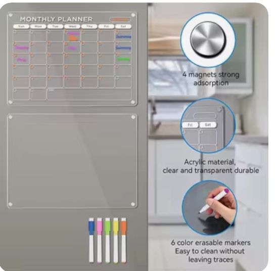 2pcs Acrylic Magnetic Dry Erase Board Calendar For Fridge