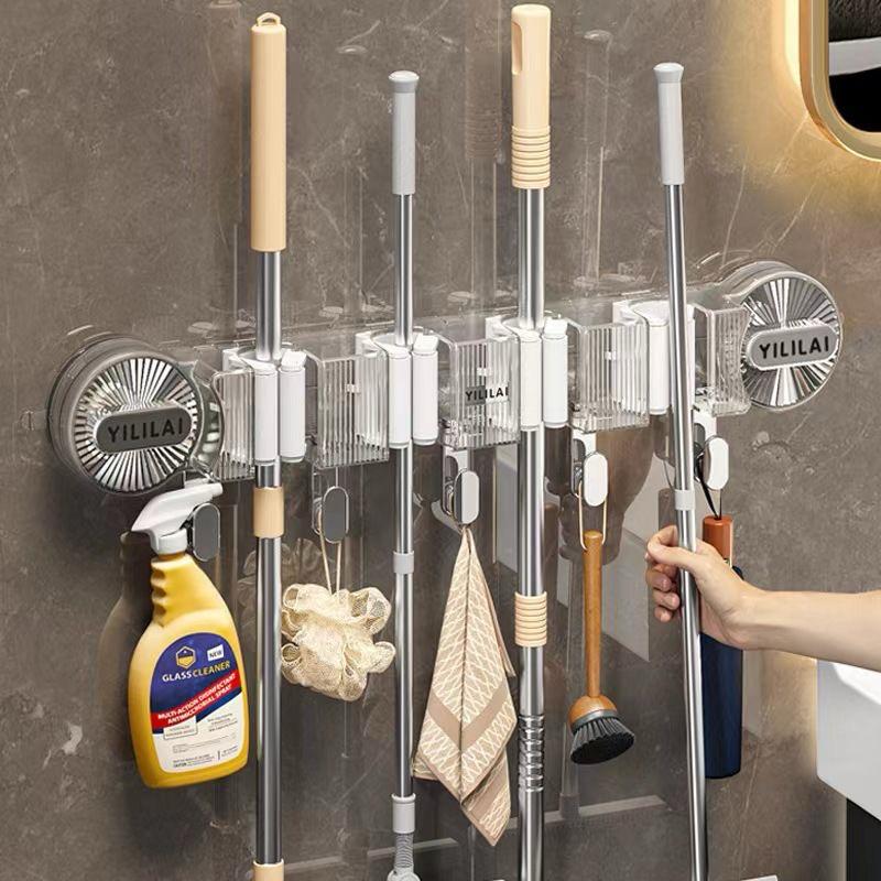 4-Holes Multi-Purpose Hooks Mop Hanger / Rack with Hanging Hooks & Self adhesive Stickers