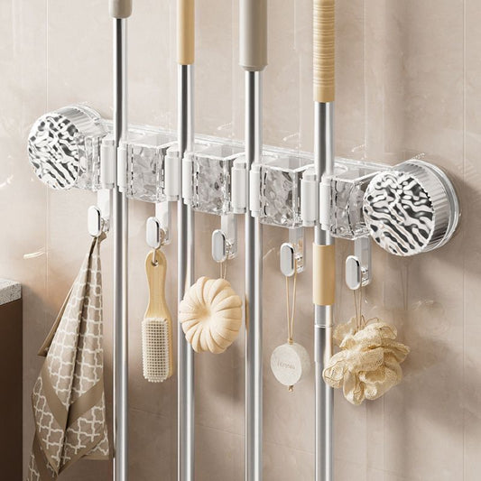 4-Holes Multi-Purpose Hooks Mop Hanger / Rack with Hanging Hooks & Self adhesive Stickers