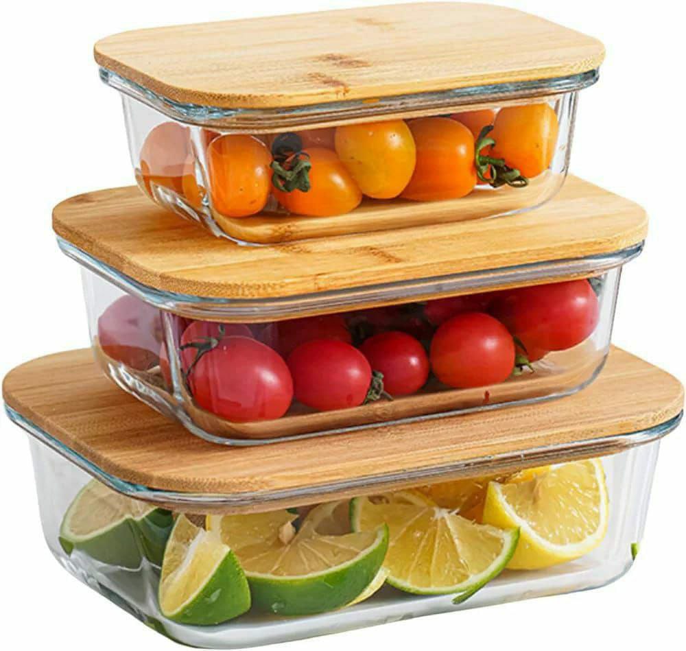 3pcs glass bowl storage containers with bamboo lid