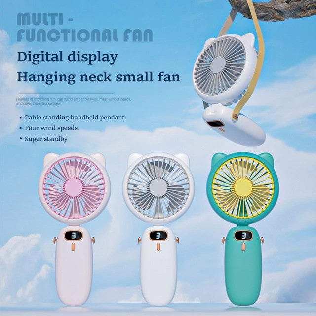 Mini Folding Electric Fan with strap, for Women, Girls & Kids. Portable Cat Ear Fan, USB Rechargeable Small Fan. Great Wedding Gift