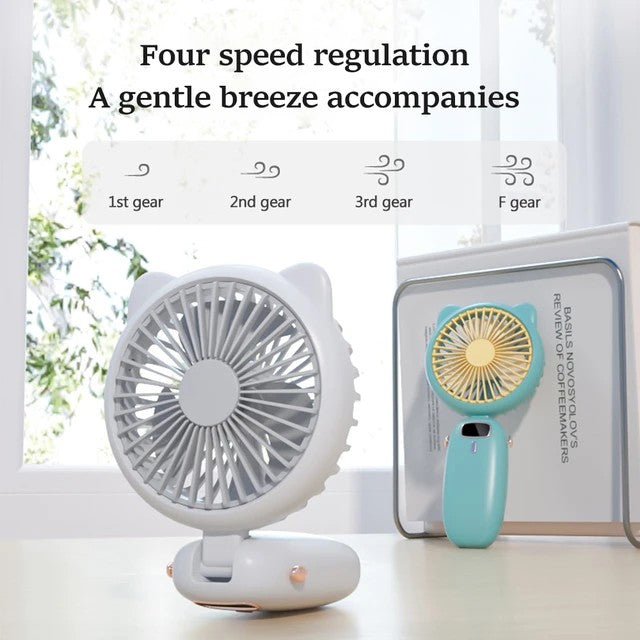 Mini Folding Electric Fan with strap, for Women, Girls & Kids. Portable Cat Ear Fan, USB Rechargeable Small Fan. Great Wedding Gift