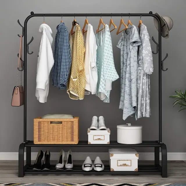 Cloth Rack With Double Lower Storage Shelf for Boxes /Shoes And Side Hooks for bag,scarfts etc