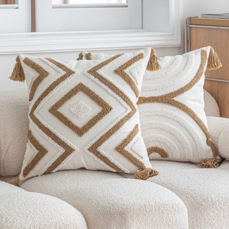 Boho throw pillow covers with tassels, geometric diamond line tufting pattern cotton sail pillowcase for home sofa & Bedroom decor.