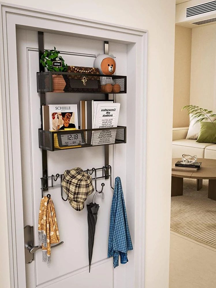 Over the door hanging rack organizer with hooks and basket