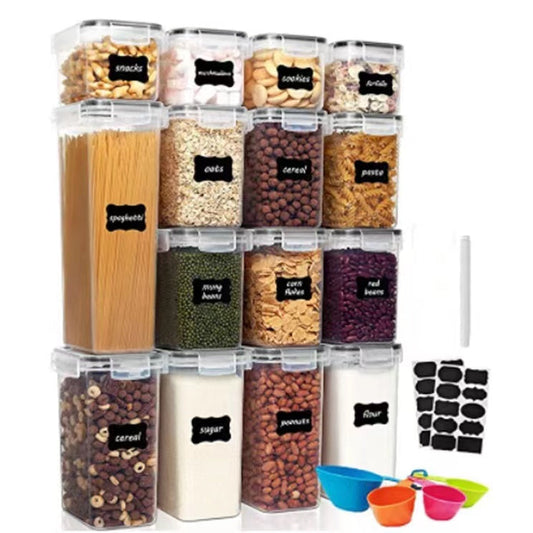 15pcs Transparent Plastic Cereal Food/Pantry Storage Containers