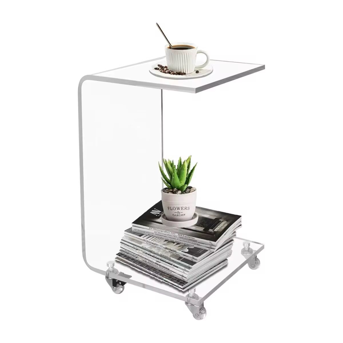 Luxury C-Shaped Clear Acrylic Side Table with Wheels