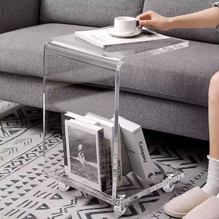 Luxury C-Shaped Clear Acrylic Side Table with Wheels