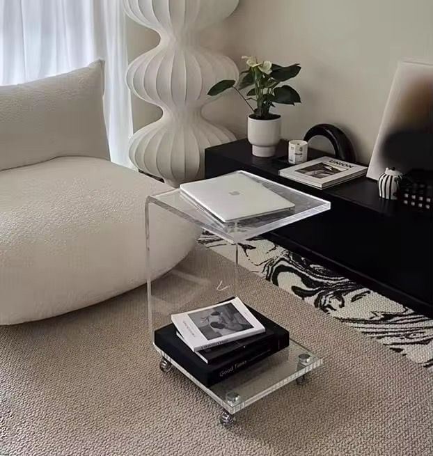 Luxury C-Shaped Clear Acrylic Side Table with Wheels