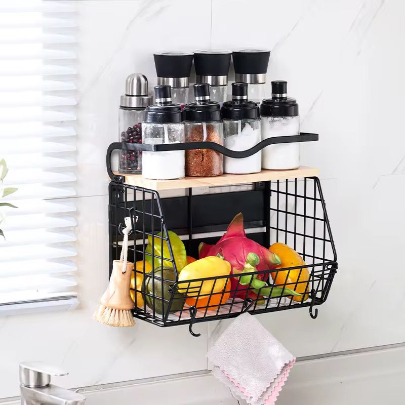 Multifunctional Magnetic/Mountable Stainless Steel Wire Storage Basket with wooden shelf