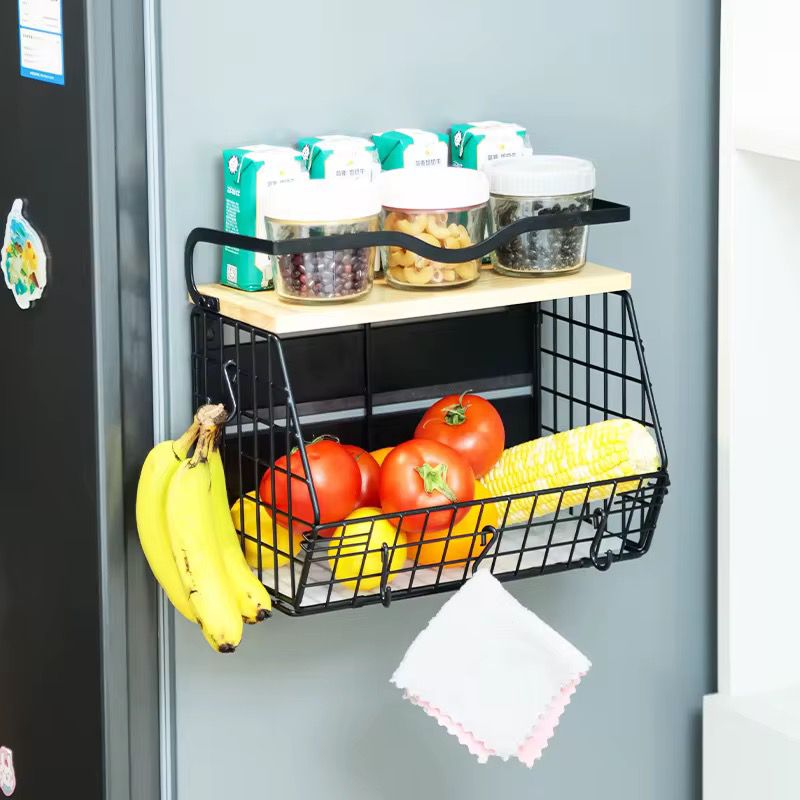 Multifunctional Magnetic/Mountable Stainless Steel Wire Storage Basket with wooden shelf