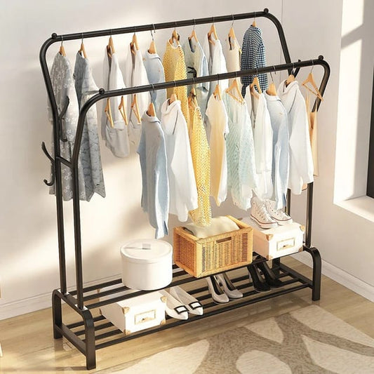 Straight Double Clothes Rack with 2 Bottom Shelf Storage Organizer Space & has Side Hooks