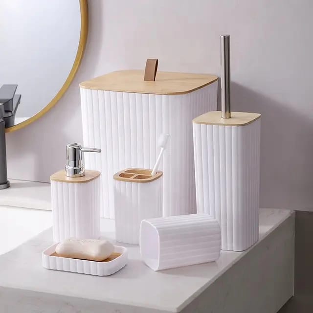 6pcs Eco-Friendly Plastic Bamboo washroom bathroom Accessories set. Toilet soap dispenser/Holder Toothbrush holder kit