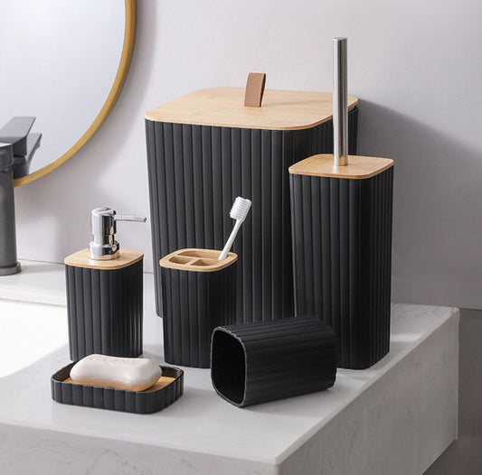 6 in 1 bathroom accessories set with wooden top