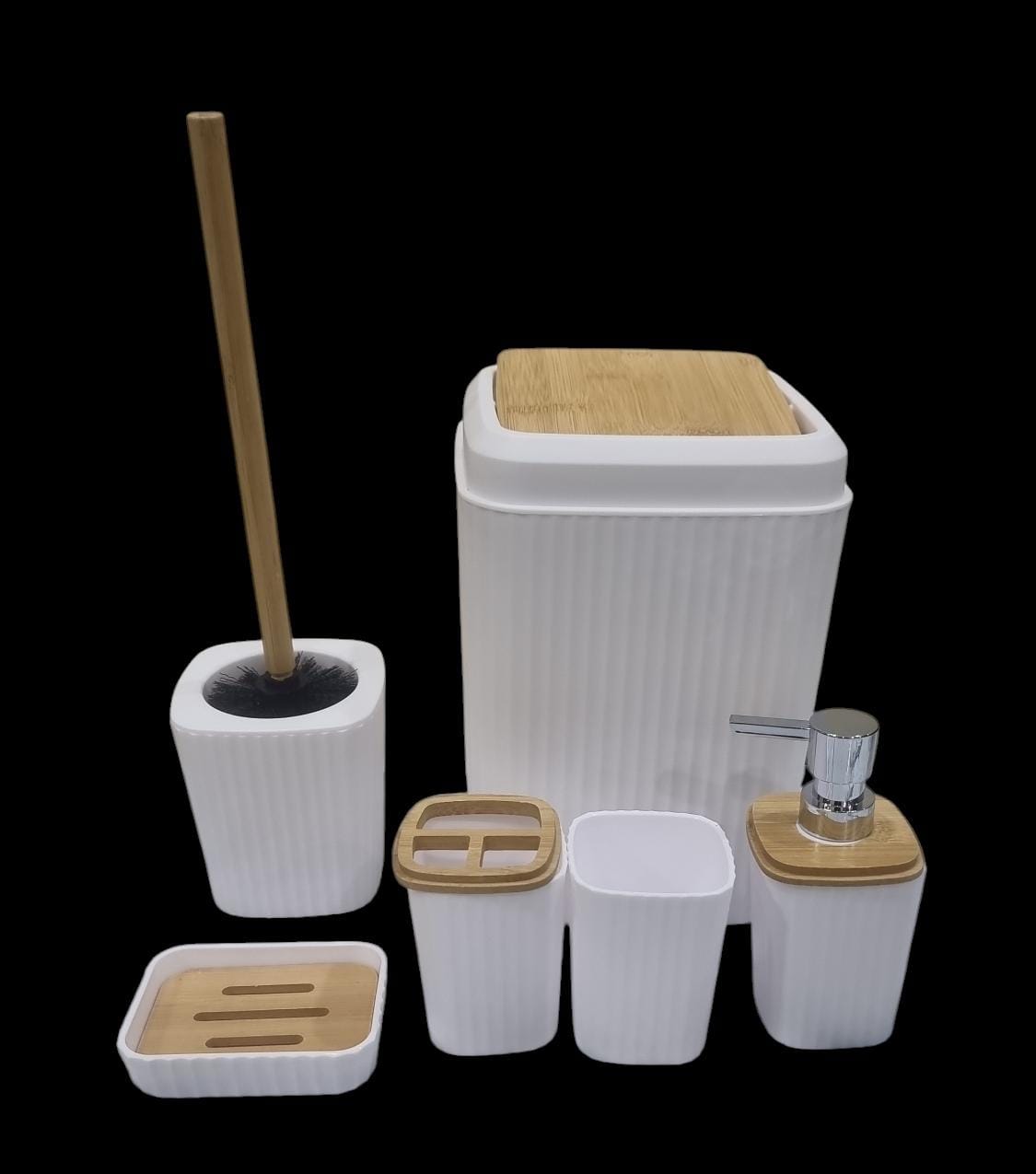 Bathroom set of 6pc (consisting soap dish cup toothbrush holder soap dispenser toilet brush n holder and dust bin) now available in 2 designs each having 3 colours