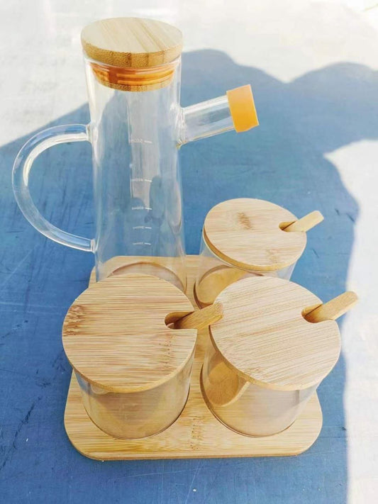 4pcs oil and spice jar with bamboo stand square