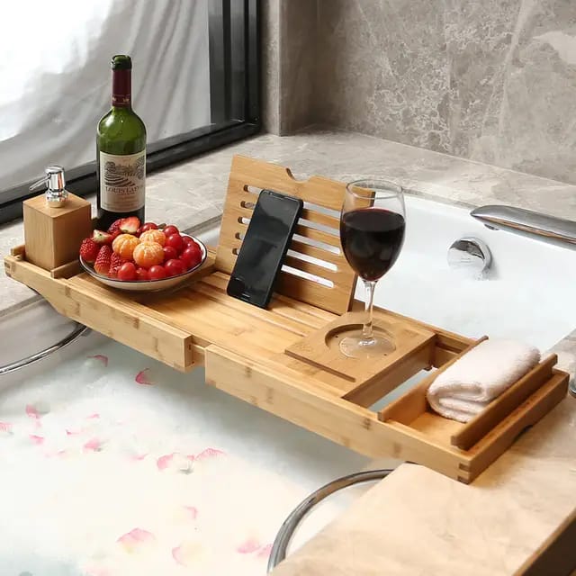 Expandable Bamboo Bathtub Caddy Tray / Breakfast Bed Table with Stands