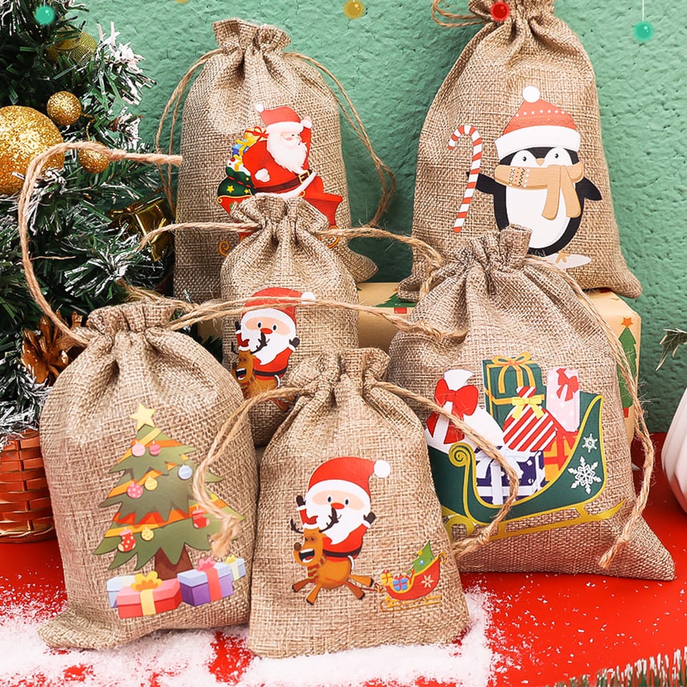 Christmas Linen Drawstring Bags Candy bags